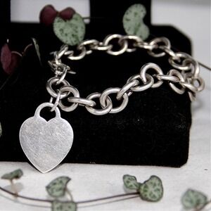 Tiffany & Co Sterling Silver Heart Tag Link Bracelet 925 RTT 7.5 Inch 10mm